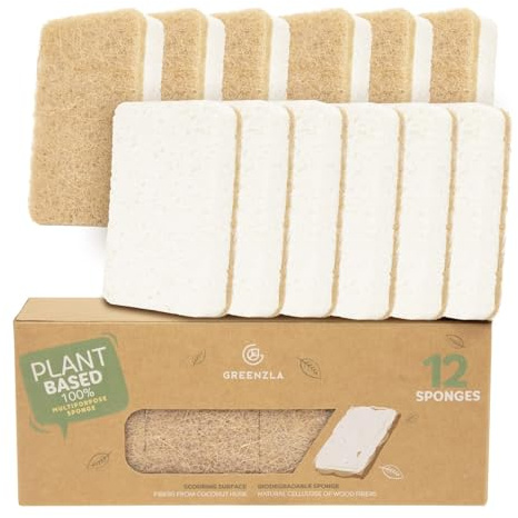 Greenzla Kitchen Sponges, Plant-Based Dish Sponges, Non-Scratch Sisal Hemp Scouring Pads for Dishes, Countertops, Bathtubs, and Tiles, 12 Pack