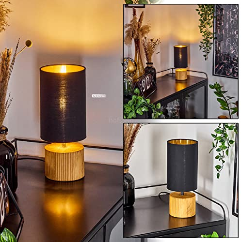 Tischleuchte Geneva, Nachttischlampe aus Holz/Stoff in Natur/Schwarz/Goldfarben, Tischlampe 1-flammig im skandinavischen Design, E14, Ø 12 cm, Leucht m. An-/Ausschalter am Kabel, ohne Leuchtmittel