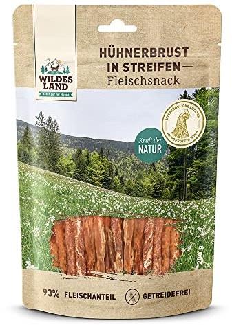 WILDES LAND – Hühnerbrust in Streifen | Kausnack mit natürlichen Zutaten und extra hohem Fleischanteil für ausgewachsene Hunde. Getreidefreier Hundesnack ohne Zusatzstoffe im Beutel | 8x200g Huhn