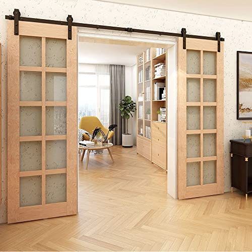 Rail Porte Coulissante Double 396cm Kit Roulette Suspendue Systeme Noir pour 2 Porte Coulissante Interieur 99cm Large, Petite Roue J-forme