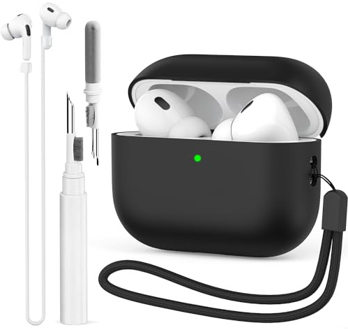 BEAUDOM Silikon Hülle für AirPods Pro 2 [USB-C & Kabelloses Laden] mit Reinigungsstift und Halteband (Schwarz)