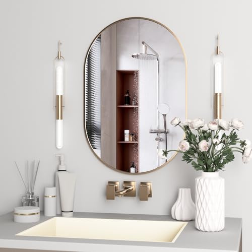 NEUWEABY Oval Badezimmer Spiegel Kapsel Wandspiegel, 60x90cm Pill Spiegel Wandspiegel, große Moderne Spiegel mit Gold Metallrahmen, Dekor für Eingang, Schlafzimmer