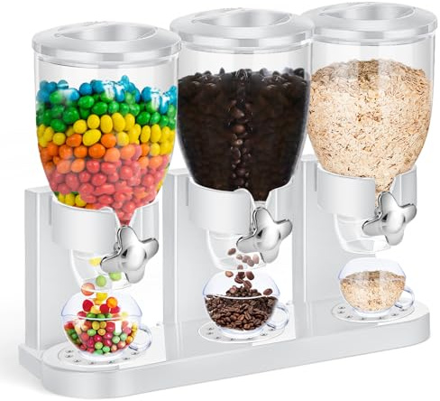 Umigy 1 Pack Triple Indispensable Dry Food Dispenser 67oz Each Capacity Cereal Container for Storage Preserving Dispensing Kitchen Rice Candy Nuts Dog Food Granola Snack Gumball Countertop (White)