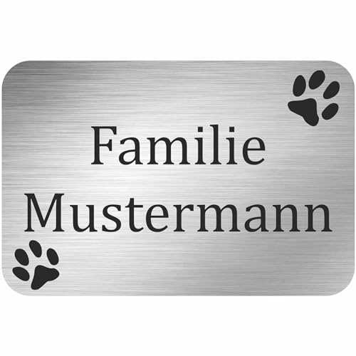 INDIGOS UG - Namensschild - Pfoten Hunde - 100x50 mm Aluverbundplatte Edelstahllook 3 mm - individuell personalisiert mit Wunschtext, Namen, Familienname, Firma - Briefkasten - Haustür
