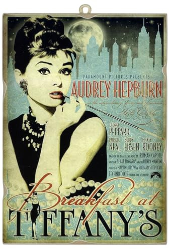 KUSTOM ART Quadro Quadretto Stile Vintage Serie Locandine Film Famosi Breakfast at Tiffany's (Colazione da Tiffany) Stampa su Legno 25x18 cm.