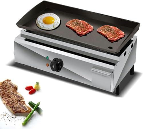 Piastra Elettrica in Ghisa, Professionale, Superficie: 480x315 mm, 50-300°C, 2500 W, in Acciaio Inox con Vassoio Anti-Schizzo, Piastra Griglia Barbecue Elettric per Ristorante Mensa Trattoria-1pc