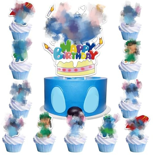 25 Pcs Blue Sti Cake Toppers - Kid & Children's Birthday Cake Decorations for Girls & Boys