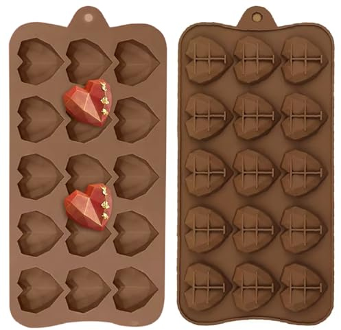 Heart Silicone Chocolate Moulds, 2 Pieces 15-Cavity Non-Stick Candy Molds, Gummy Molds, Ice Cube Trays, Jelly Mould, Valentine's Day Reusable DIY Baking Molds for Cake Decoration