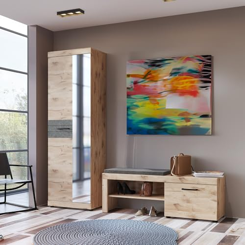 Lomadox Garderoben Set 2-teilig mit Hochschrank und Sitzbank modern in Eiche Viking