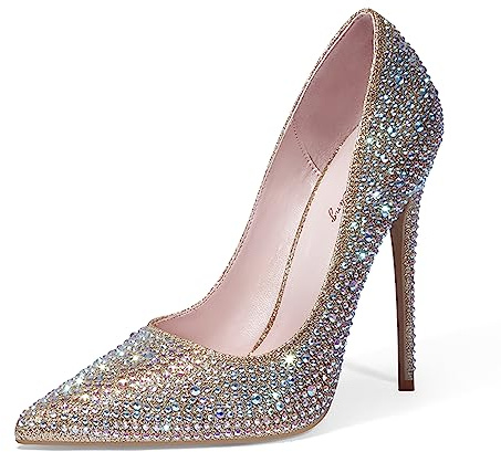 Zhabtuc Scarpe con Tacco Alto con Strass Eleganti, Strass Oro, 38.5 EU