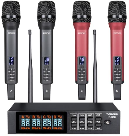 ZERFUN Rechargeable Wireless Microphone System Pro, 4 x 50 Channel UHF Handheld Cordless Mics with VOL Echo Treble BASS Control, LCD Display, Frequency Lock, XLR, 1/4, 1/8 Output, D-300, Grey&Red