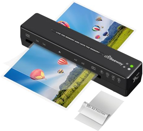 BEEWAY A4 Laminator Machine, Thermal and Cold Laminator for Home Office School Use - Fast Warm Up, High Speed Laminating, Includes 30 A6 Laminating Pouches - Black