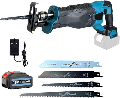 ANUPTTA Sierra sable con batería, compatible con Makita con 1 batería de 5500 mAh y cargador, sierra de repros eléctrica 3000 spm, 4 hojas de sierra, velocidad variable de 18 V, para madera y metal