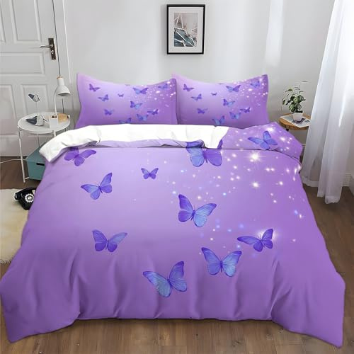XCQHZYQ Bettwäsche 135x200 cm Lila Schmetterling Romantisches Thema Bettbezug Set für Kinder Jungen Mädchen Weich Atmungsaktiv Baumwolle Polyester Betten Set mit Reißverschluss