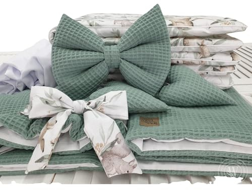 WIKLINOPOL Set di biancheria da letto da 5 pezzi, per neonati e bambini, in tessuto a nido d'ape, per culla, copripiumino con lacca, molti colori (cerva)