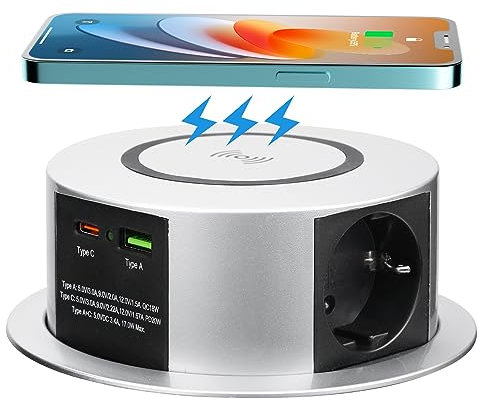 Toma empotrable para encimera USB C PD20W, 3 enchufes empotrables con 10 W, cargador de inducción, toma escalable para cocina de oficina, 1,8 m, cable, 3680 W/16 A