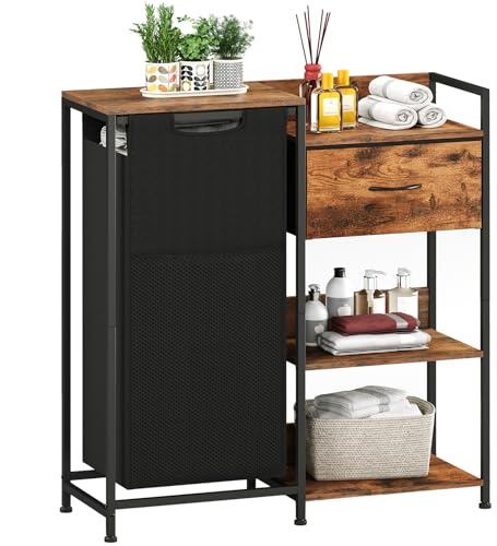 Somdot Wäschekorb mit Stoffschublade und Regalen, Wäschesammler mit Ausziehbarer und Entfernbarer 60L Wäschesack, Wäschebox, Laundry Baskets, Wäschesortierer, Holzmaserung