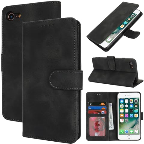 Zouzt Hülle für iPhone SE (3./2. gen)/8/7 Premium PU Leder, Vintage Schwarz