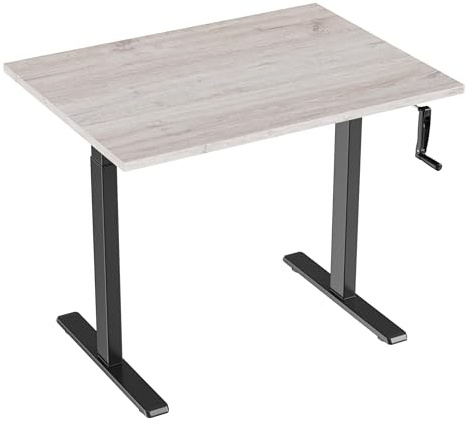 Eigentlich Höhenverstellbarer Schreibtisch manuell mit Kurbel, Steh-Sitztisch Gestell schwarz, Bürotisch verstellbar von 72,5 bis 120,5 cm, Produktionstisch (Eiche modern, 100 x 80 cm)