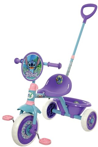Triciclo de Metal de Rueda Libre con asa Trasera direccionable y Cesta de Juegos de Stitch