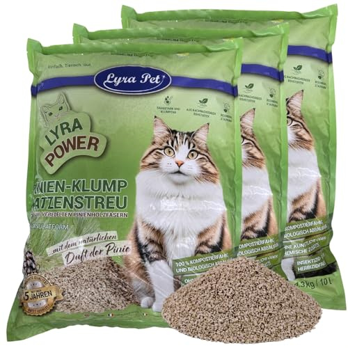Lyra Pet® 3 x 10 Liter Lyra Power Pinien Katzenstreu klumpend Klumpstreu | Aus Pinienholzfasern - Natürliche, biologisch abbaubare Klumpstreu - 500 % Saugkraft - Auch für sensible Katzen - Staubarm