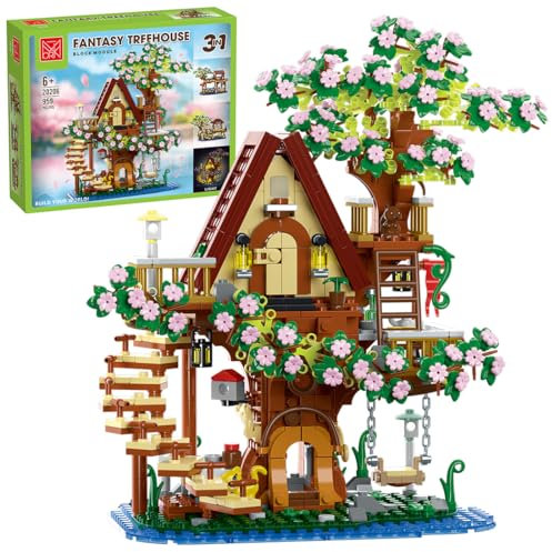 AKOGD Baumhaus Bausteine Bauset mit Licht, 959 Teile Garten Häuser Klemmbausteine Modell, Blumen Baumhaus Architektur Klemmbausteine Bausatz Konstruktionsspielzeug Set für Kinder Erwachsene
