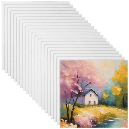 HEIYUET 20 Stück Leinwand zum Bemalen 20x20 cm, 3 mm Dick Weiße Kleine Leinwände, Baumwolle Leinwand für Acryl, Öl Malerei, Zeichnen Basteln