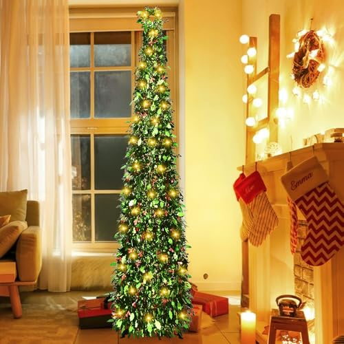 Árbol de Navidad Artificial y Plegable de 150 Cm, Arbol de Navidad Plegable con Una Guirnalda de Luces Cálidas de 5 Metros de Largo, Christmas Tree Verde, Navidad Decoración (E)