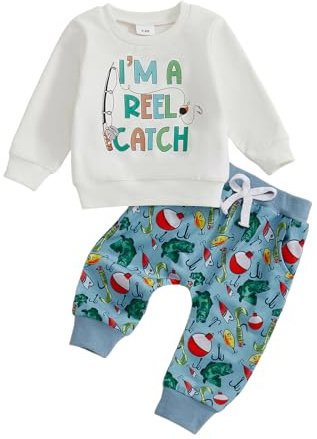 Kupretty Toddler Baby Boy Fall Clothes Fishing Outfit Fish Long Sleeve Crewneck Pullovers Sweatshirt + Graphic Pants Set (Blue, 6-12 Months)