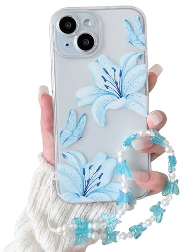 NITITOP for iPhone 15 Case Clear Cute Flower Lily Chain,Blue | for Women Girls, Floral Butterfly Design, with Wrist Strap, Soft TPU Shockproof Cover, Full Camera Protection