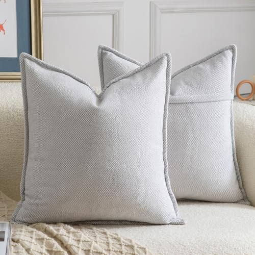 Madizz 2er Set Chenille Dekorativ Hellgrau Kissenbezüge Weiche neutrale Wurfkissen für Sofa Boho Akzent Zierkissenbezüge für Schlafzimmer Wohnzimmer Modernes Zuhause Dekor 40x40 cm