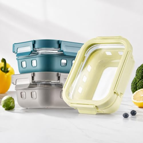 QuaLife Glas Lunchbox Set 3x 640 ml mit Silikon-Schutzmantel & Glasdeckel, Auslaufsicher, Meal Prep Behälter aus Borosilikatglas, Stapelbar, Mikrowellen-, Ofen- & Spülmaschinengeeignet, BPA-frei