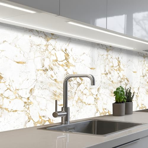 KitchenYeah© Paraschizzi Cucina Adesivo Pannello Parete per Paraspruzzi | 80x300 cm - Adesivi Muro Bianco - Marmo - Lusso - Oro