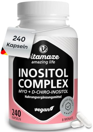 Inositol 240 Cápsulas para 8 Meses, Myo-Inositol + D-Chiro-Inositol. Apoya el Balance Femenino y PCOS. Vitamina B6, B9 & Cromo - Vegano, Sin Aditivos. Fabricado en Alemania