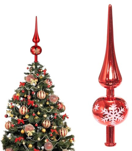OIXYAZ 1 Stück Christbaumspitze,Echt Glas Weiß Rot Gestreift Weihnachtsbaumspitze