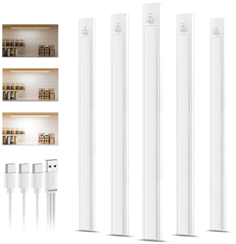 daphomeu 5 Pièce Lampe LED Rechargeable,40CM Blanc Froid Reglette led Cuisine, Lumiere Detecteur de Mouvement Interieur Sous Meuble Placard Eclairage, Intensité Variable, Installation Magnétique
