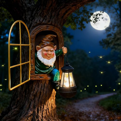 Garden Gnome Ornaments Outdoor Statue - Gnomes with Solar Lantern Lights, Waterproof Whimsical Elf Out The Door Tree Hugger Garden Statues, Fence, Patio, Housewarming Gardening Gift Tree Faces Gnomes