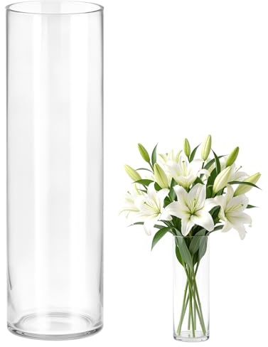 QWORK® Jarrón Grande de Cristal Transparente 40x12 cm para Flores - Diseño Moderno Cilíndrico
