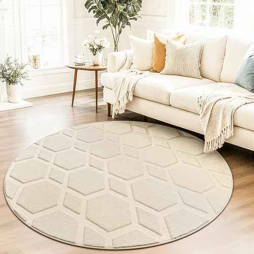 Homcomodar Beige Teppich Rund 160cm Waschbarer Teppich Wohnzimmer Schlafzimmer Kurzflor Teppiche rutschfest 3D Effekt Modern Weich Teppiche für Kinderzimmer Esszimmer Büro