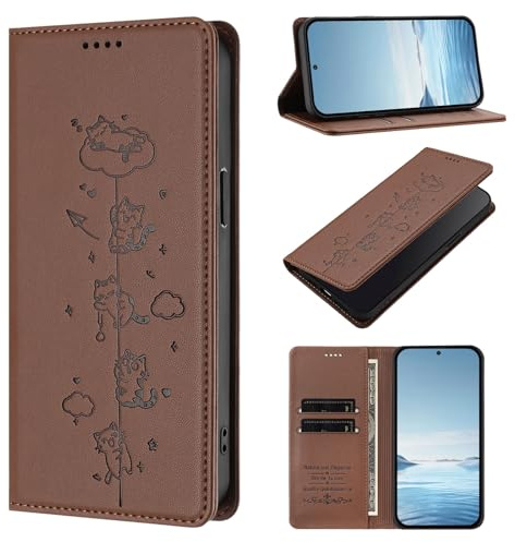 BEENTRYS Cuero PU Funda para Motorola Moto E20 / E30 / E40 Funda,Carino Gato Cartera con Tapa Ranuras para Tarjetas Soporte Magnético Flip Case Protección RFID Antigolpes Carcasa-Marrón