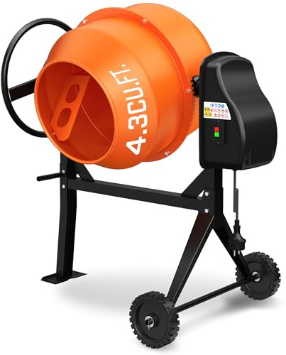 LDHTHOPI Concrete Mixer 4.3 Cu.Ft. – 450W (3/5HP) Heavy Duty Portable Concrete Mixer with Wheel & Stand for Mortar, Stucco, Fodder – Industrial Cement Mixing Machine, Orange
