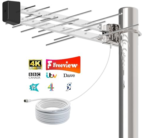 Outdoor Freeview HD Digital Antenna, UHF/VHF HDTV Reception for Roof & Loft Installation, Weatherproof Design, Compatible with Smart TVs & DVB-T/T2 Receivers, 10M Coaxial Cable (Pole Not Included)