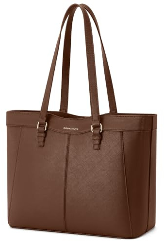 RAINSMORE Handtasche Damen Wasserdichte Shopper Tasche Laptoptasche Damen | 14-Zoll Arbeitstasche Schultertaschen Henkeltasche Tote Bag mit Reißverschluss für Arbeit Schule Einkaufen Business Braun