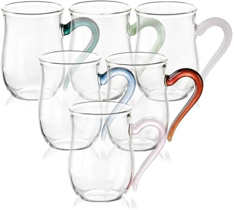 Glass Coffee Cups,8oz Clear Coffee Cups Set of 6,Lightweight Glass Mugs with Colorful Handles,Heat Resistant & Explosion-Proof, Perfect for Home, Cafe, Office