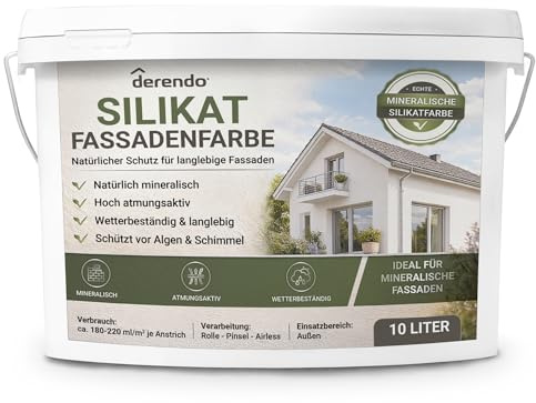 derendo Silikat Fassadenfarbe weiß matt, mineralische Silikatfarbe 10l | hoch diffusionsoffen für Putz, Beton, Mauerwerk und Altanstriche im Aussenbereich