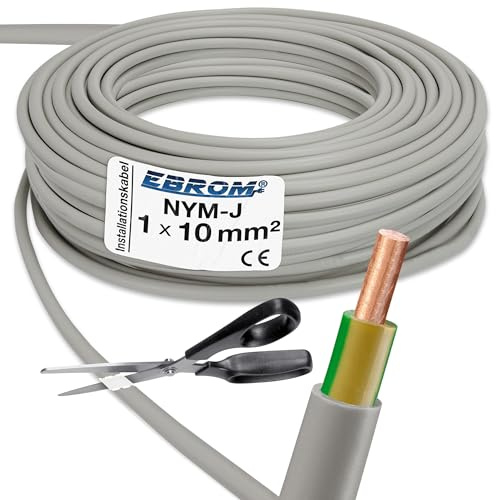 EBROM NYM-J 1x10 mm² Mantelleitung, Erdungskabel in grau 10 mm2: 15 Meter | Ab 5 m bis 150 m - Erdungsleitung Installationsleitung Feuchtraumkabel für die feste Verlegung in trockenen + feuchten Räumen