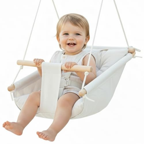 Leinwand Baby Hängematte Schaukel von Cateam - Hängende Schaukel aus Holz für Baby mit Sicherheitsgurt und Montageteilen. Baby Hängemattenstuhl Geburtstagsgeschenk. (Elfenbein)