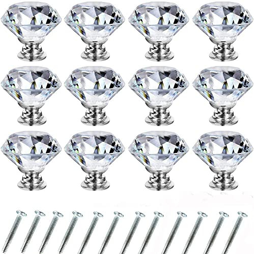 Wajade 12 Pack 30mm Drawer Knobs Crystal Cabinet Knobs Diamond Shaped Glass Cupboard Handles Zinc Alloy Drawer Handles with Screws(Clear Diamond,Silver Base)