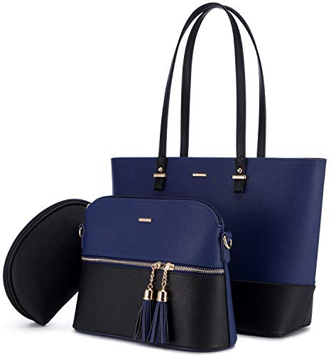 LOVEVOOK Handtasche Damen Schultertasche Handtaschen Tragetasche Groß Designer Elegant Umhängetasche Henkeltasche Set 3-teiliges Set, Blau Schwarz…