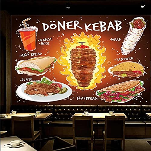 Honony Assiette à sandwich à pain plat Kebab 3D dessiné à la main avec jus d'orange papier peint Mural Restaurant de restauration rapide-150 * 105 cm
